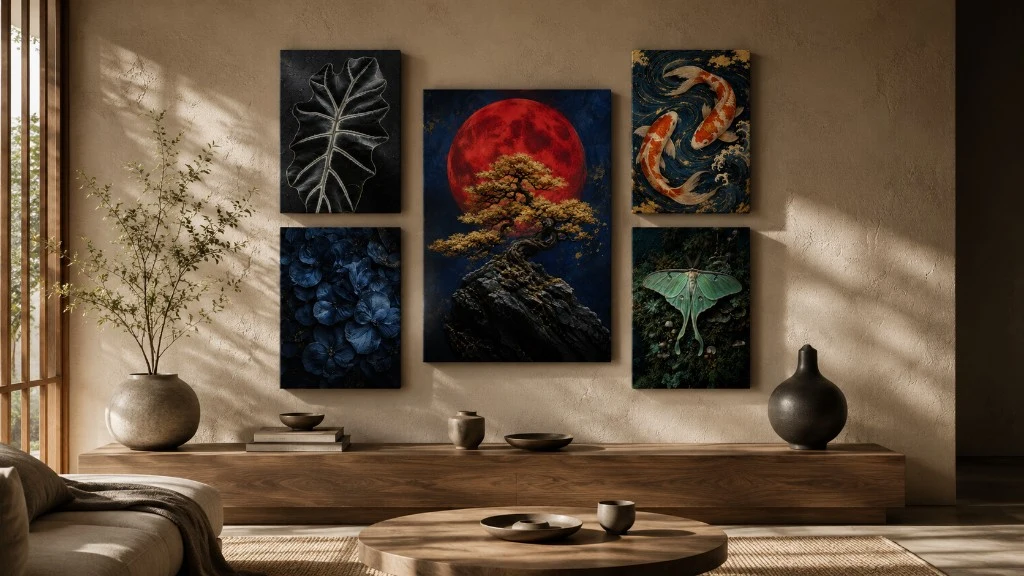 Galerie Wand mit Leinwandmotiven in einem modernen Wohnraum